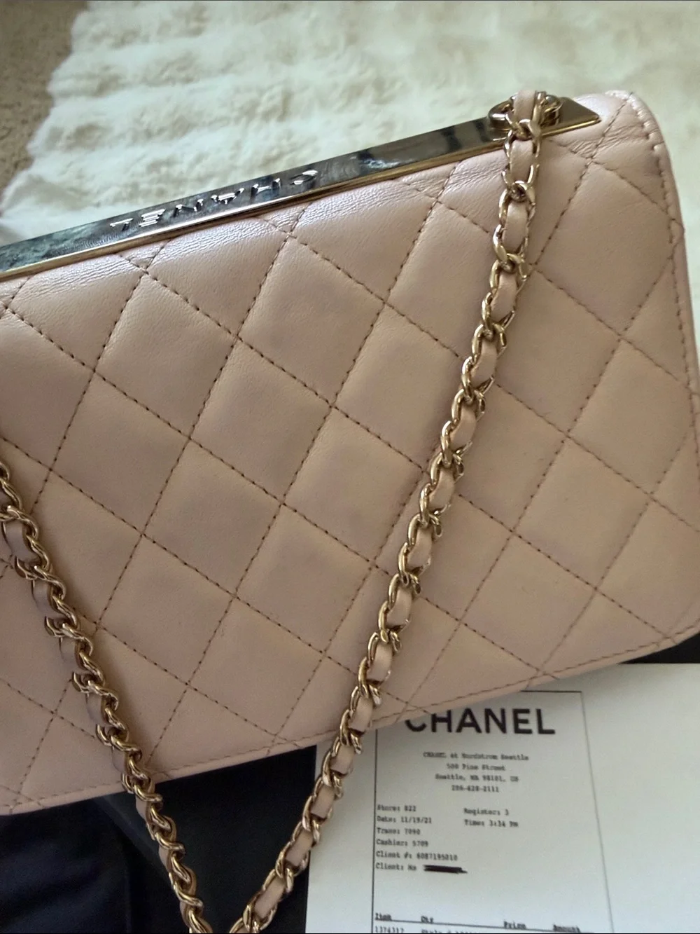 CHANEL Quilted lamb skin beige O- mini Bag with Gold Hardware